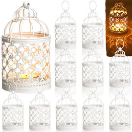 Vesici Paquete de 12 Pequeña Luz de Té de Metal Linterna Colgante de Jaula de Pájaros Centros de Mesa Decorativos Vintage Candelabro de Sobremesa Linterna de Velas para Regalos de Boda (Blanco)