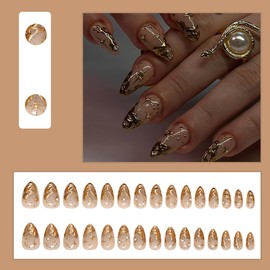 24Pcs Gold French Tip Press on Nails Short Almond Fake Nails 3D Gold Irregularity Chrome Acrylic Nails Star Moon False Nails French Nails Tip Glue on Nails Nude Stick on Artificial Nails for Women