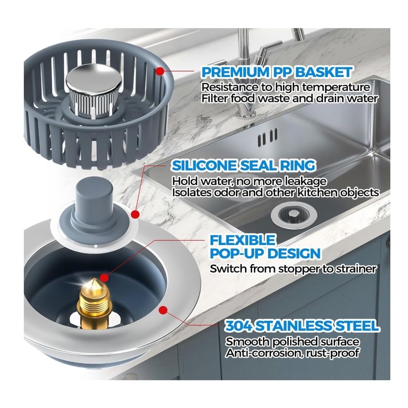 2 Pack 304Sink Drain Strainer - Sink Stopper, 3-in-1 Kitchen