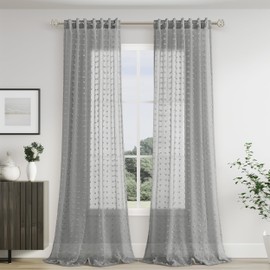 Jowels Sheer Curtains 90 Inches Long Gauze Tulle Curtains for Living Room Bedroom Nursery Grey Bohemian Curtains Pom Pom Boho Curtains 2 Panels Back Tab Light Filtering Curtains,52x90,Grey