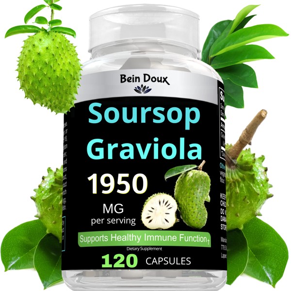 1950mg Soursop Graviola Capsules (Guanábana) Organic Leaves Powder Rich in Potent Anti-Oxidants - 120 Capsules 40 Servings