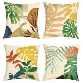 Joymaison Boho Tropical Leaves Cushion Covers 45 x 45 Pack of 4 Mid Century Abstract Modern Art Aesthetic Square Throw Pillow Case Decorative Sofa Cushion with Invisible Zipper