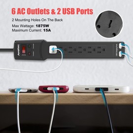 AWELTEC 6-Outlet Surge Protector Power Strip with 2 USB Ports - ETL, 900 Joules, 5-Foot Extension Cord (1875W/15A), Overload Protection, Black