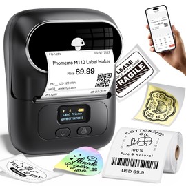 Phomemo M110 Label Maker Barcode Label Printer Bluetooth Portable Thermal Sticker Printer for Small Business, Address, Logo, Clothing, QR Code, Compatible with Phones & PC, with 1 Roll Labels Black