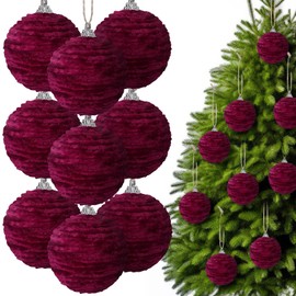 Hungdao 9 Pcs Velvet Christmas Balls Flocked Chenille Christmas Tree Ball Ornaments Decorative Xmas Hanging Decoration for Xmas Tree Decor, 2.36 Inch(Burgundy)