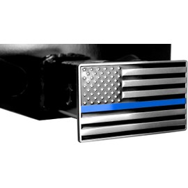 LFPartS USA Flag Emblem Metal Trailer Hitch Cover (Fits 1.25" Receivers, Black Chrome with Thin Blue Line)
