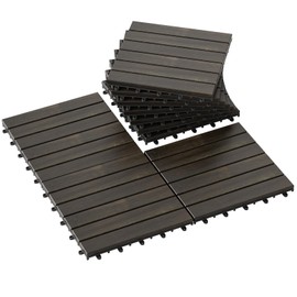 Rovibek 10PCS Deck Tiles, Acacia Wood Interlocking Deck Tiles, Waterproof Decking Tiles for Outdoor Patio Flooring, 12" x 12" Balcony Backyard Poolside Indoor & Outdoor Deck Tiles, Striped Dark Brown