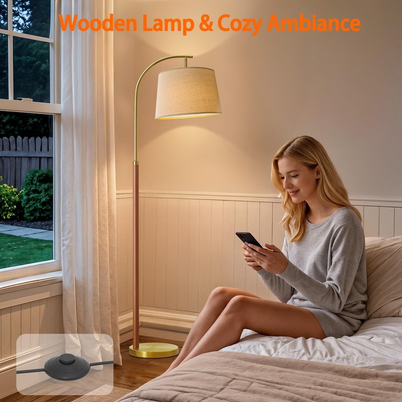 G-SAFAVA 62.5" Wood Floor Lamp for Living Room Gold with