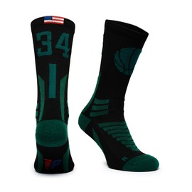 Forever Fanatics Basketball Socks For Men & Boys Crew Socks With Basketball Arm Sleeve - Made in USA (Set 34 Black/Green, 11-18 Years)