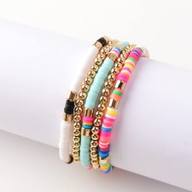 GOOJIDS Surfer Heishi Clay Bead Bracelets for Women Bohemian Stackable Gold Beaded Stretch Bracelets Elastic Layering Friendship Bracelets Set Boho Jewelry (C-White 5pcs)
