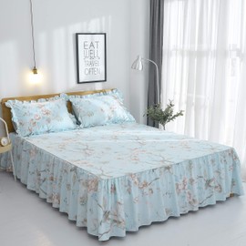 FADFAY Farmhouse Floral Bedding Shabby Blue Bird Print French Countryside Chic Bedding Set Luxury Bedskirt Collections 800 Thread Count 100% Egyptian Cotton, 4 Piece-King Size