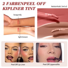 Pack of 3 Lip Tint Peel Off, Lip Liner, Safe and Moisturising, Water and Sweat-Resistant, Long-Lasting Make-Up, Easy to Use (Burgundy, Light Brown)