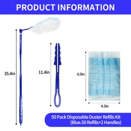Yumrum 50 Pack Disposable Duster Refills Kit with Blue,50 Refills and 2 Handles - 180 Degree Extendable Handle Dusters for Cleaning Home Ceiling Office Blinds