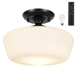 Schoolhouse Style Semi Flush Mount Ceiling Light with Dimmable Bulb Remote Control, 12" Modern Gold Hallway Ceiling Lamp with Opal Milk Glass Shade, Farmhouse Globe Light for Bedroom Kitchen Laundry