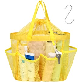 F-color Mesh Shower Caddy Portable with Drawstring - Upgrade Deeper 7 Pockets Dorm Room Essentials for Guys Girls with S Hook, Shower Bag Basket Tote for College Camping Toiletry Bathroom, Yellow