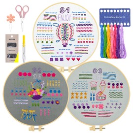 Krijuess 3 Sets Embroidery kit for Beginners Adults, Hand Embroidery Kit to Learn 33 Different Stitches Includes Stamped Patterns, Hoop, Needles and Color Threads, Full Set Accessories