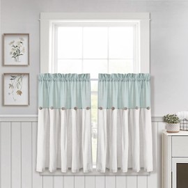 Lush Decor Linen Button Farmhouse Kitchen Tier Curtain Set, Pair, 29" W x 36" L, Blue & White