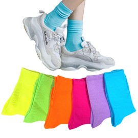 TMrequire, Thin and Easy to Wear Neon Color Socks, Set of 6 Pairs Vivid Color, Rib Socks, Crew Length, Colorful, Fluorescent Socks, Flashy, Fluorescent Socks, 8.7 - 9.8 inches (22 - 25 cm) (Yellow,