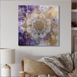 DesignQ Large Boho Mandala Wall Art Decor, Regal Purple and Gold Mandala I, Boho Mandala Wall art decor, Purple Traditional Canvas wall art, 16x16 inches