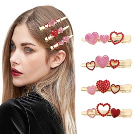 4Pcs Red Pink Glitter Heart Hair Clips Rhinestone Heart Hairpins Sweet Lovely Heart Hair Barrettes Styling Hair Accessory for Women Valentines Day Party