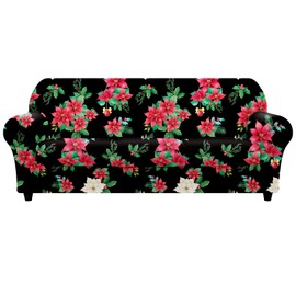 Arquiel Christmas Red Flower Stretch Sofa Cover, 4 Pieces Soft Couch Cover with 3 Separate Cushion Covers, Floral Sofa Slipcover, Washable Sofa Covers Furniture Protector for Living Room
