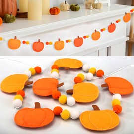 8.2Ft Fall Felt Pumpkin Garland 3D Pumpkin Felt Hanging Garland Fall Orange Pompom Ball Banner Autumn Hanging Decorations for Autumn Harvest Thanksgiving Home Mantel Fireplace Wall Party Decor