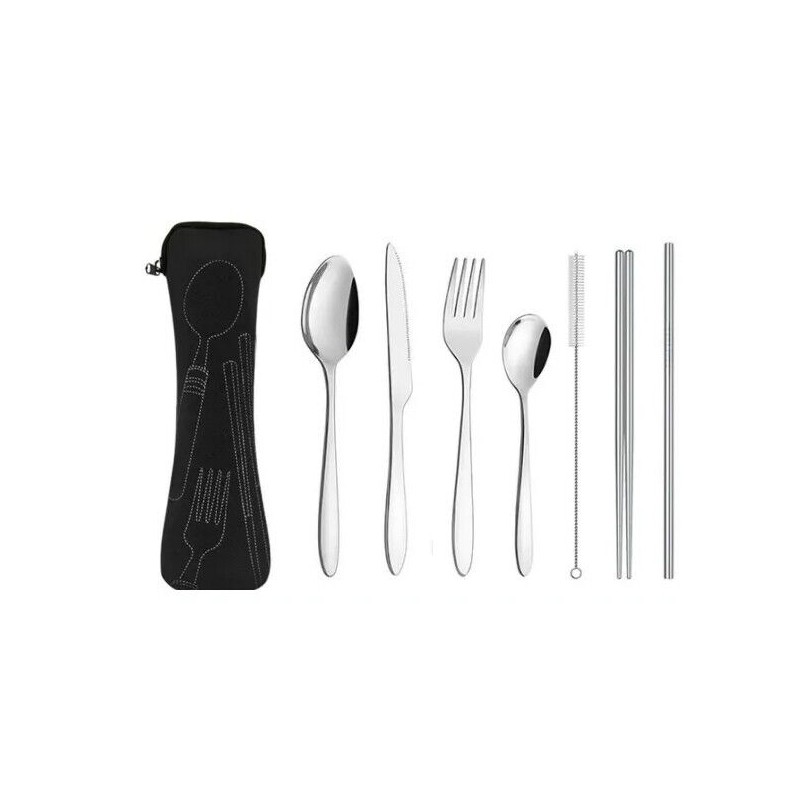 AlepTau Portable Travel Utensils Silver Set Reusable Silverware with Case