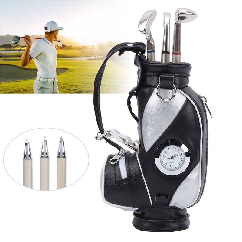 Mini Desktop Golf Bag Pen Clock Zinc Alloy PU Leather
