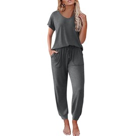 Ekouaer Womens Pajama Sets Jogger Lounge Sets Short Sleeve Sleepwear and Long Pants Pjs Tracksuit 2 Piece Outfits,Dark Grey,M