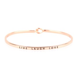 RIAH FASHION Inspirational Letter Bar Metallic Bangle - Positive Message Engraved Delicate Cuff Bracelets Love Jewelry Gift (Minimal Bar - Live Laugh Love/Rose Gold)