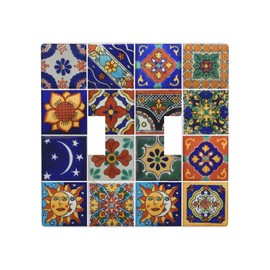 Talavera Mexican Tiles Double Toggle Light Switch Plates Outlet Covers 2 Gang Decorative Wall Plate Receptacle Switchplate Decorate Plug Cover for Bedroom Kitchen Room