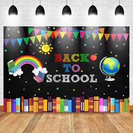 Mocsicka Back to School Backdrop First Day of School Globe Rainbow Books Chalkboard Photo Backdrops Welcome Back to School Party Decorations Banner (7x5ft)