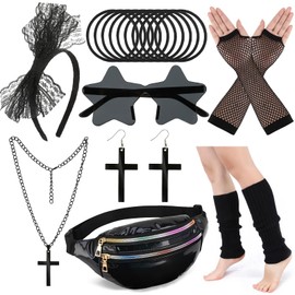 ZhouBoat 80s Costume Accessories Set for Women, Black Holographic Pack Fishnet Gloves Leg Warmer Lace Headband Cross Jewelry, 1980s Fancy Dress Party Outfit