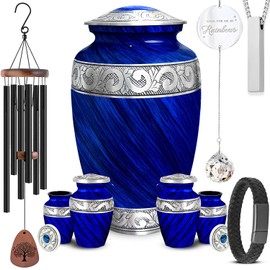 Set of 9 Eternal Blue Decorative Cremation Urns for Ashes Adult Male & Female Includes 1 Large Urn, 4 Keepsakes, 1 BraceletUrn, 1 Suncatcher, 1 Wind Chime & 1 Necklace for Human Ashes