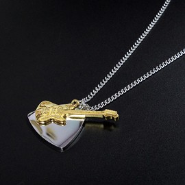 Stainless Steel Gold 18K Plated Pick and Guitar Pendant Necklace Men Women Punk Rock Necklace Music Lover Gift with 20 Inch Chain, Stainless Steel, No Gemstone