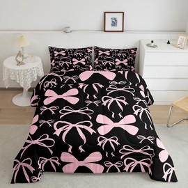 Feelyou Bow Bedding Set Boys Girls Queen Size Black Pink Girls Bow Comforter Set for Kids Women Men Ultra Soft Cute Bowknot Comforter Kawaii Bow Duvet Set Room Decor Lovely Decor Quilt Set