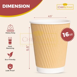 CHEF ROYALE 100x 16oz Disposable Kraft Ripple Paper Hot Coffee Cups with Lids - Paper Cups for Hot and Cold Drinks - Insulated Takeaway Coffee Cups for Eco-Friendly Hot Cups Birthday Party(100, 16oz)