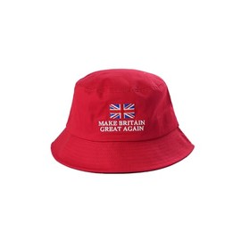 Beyond Happy Make Britain Great Again Bucket Hat Reform UK, Pro Trump Hat – Unisex, Red, Heavy Duty Sun Hat with Embroidered Union Jack, 100% Cotton