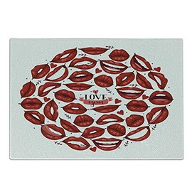 Ambesonne Kissing Cutting Board, Valentine Themed Multitude Smiling Sending Kisses Reddish Lips in Circular Form, Decorative Tempered Glass Cutting and Serving Board, Small Size, Ruby and White