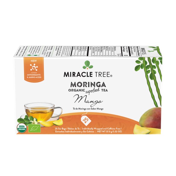 Miracle Tree - Organic Moringa Superfood Tea, 25 Individually Sealed Tea Bags, Mango