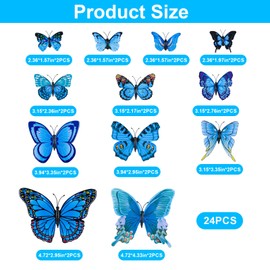 Pack of 24 Blue Butterfly Decoration, 3D Wings Butterfly Decoration with Safety Pins Brooch, PVC Spring Decoration for Bedroom, Living Room, Office, Garden, Table Decoration (Blue)