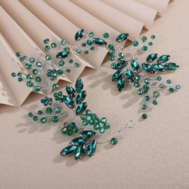 Teyglen Green Crystal Bride Flower Wedding Hair Vine Handmade Rhinestone Headband Bridal Head Piece for Women Party Prom Headpiece Sparkly Rhinestone Hair Accessories (Peacock Green)