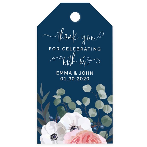 Andaz Press Winter Navy Blue with Eucalyptus Blossoms Wedding Party Collection, Personalized Classic Gift Tags, Thank You for Celebrating with Us Custom Name Date, Floral, 20-Pack, Wedding Favor Tags