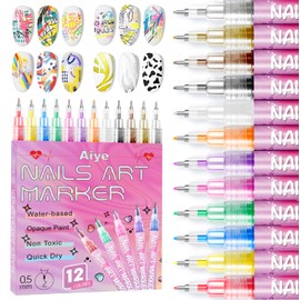 AOKELEON 12 Colors Nail Art Pens Set, 3D Quick-Dry 0.5MM Acrylic Nail Polish Pens with Dotting Liner - Nail Design Kit for Home, Salon DIY Manicure Tools, Nail Art Drawing & Decoration