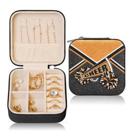 Cheerleader Jewelry Case, Mini Travel Box for Women, Cheer Team Gifts for Girls (Orange)