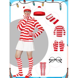 houdanspt Adult Red and White Striped Shirt With Accessory Halloween Outfit Suit Women Small