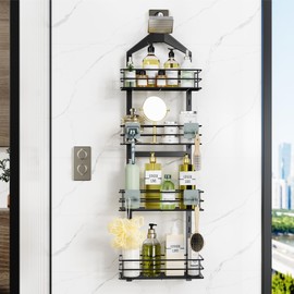 Orimade Adjustable Anti-Slip Hanging Shower Caddy Over Shower Head,Rustproof Bathroom Hanging Shower Organizer with 4 Hooks for Razor,No Drilling Shower Shelves Storage Rack,Black 4 Tier