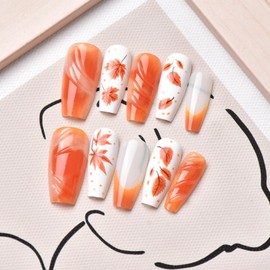 30Pcs Fall Maple Leaf Press on Nails Medium Coffin Fake Nails with 3D Designs Autumn Leaves False Nails Orange Gradient Glossy Stick on Nail Thanksgiving Glue on Nail for Women Manicure