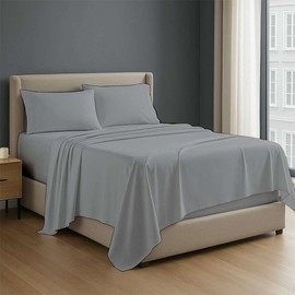 NON Sticky cotton Premium 4 Piece Egyptian Cotton Fitted Full XL Sheet Set, Hotel Quality Soft Breathable Bedding Sheets, 15" Deep Pocket, 54" X 80", Light Grey Solid