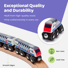 maxim enterprise, inc. Double Decker Wooden Train with 2 Engines & 1 Car. Multi-Level Commuter Passenger Transit Toy. Detailed, Bright Vivid Colors, Fun for Kids 3 and Up. Universally Compatible